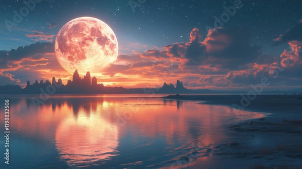 Fototapeta Vibrant sunset reflected on water with a full moon illuminating ancient temple ruins