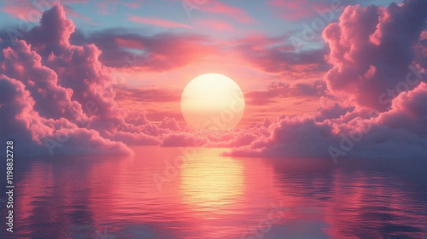 Fototapeta Majestic sunset over tranquil ocean reflecting vibrant colors and fluffy clouds