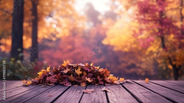 Fototapeta A cozy autumn scene with a pile of leaves on a wooden deck, isolated against a soft-focus background of warm, colorful trees.