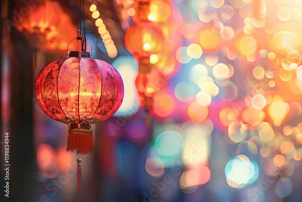 Fototapeta Beautiful holiday composition for happy celebrate chinese festival of lanterns, abstract vivid composition consists of fictional unreal fantastic vision on background