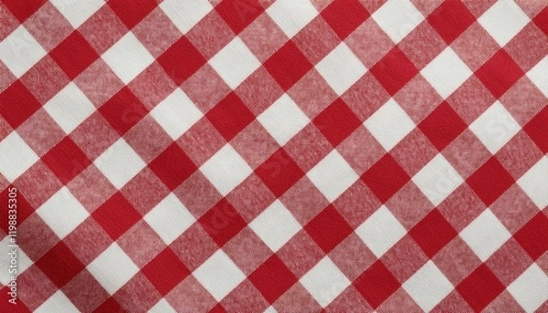 Fototapeta Red white checkered picnic tablecloth as background, top view	
