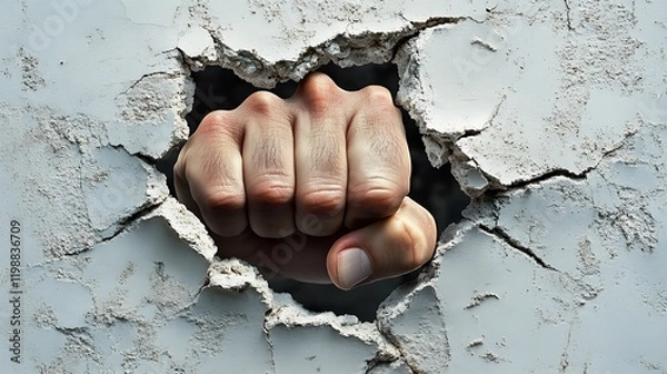 Fototapeta a fist punching through a hole in a wall