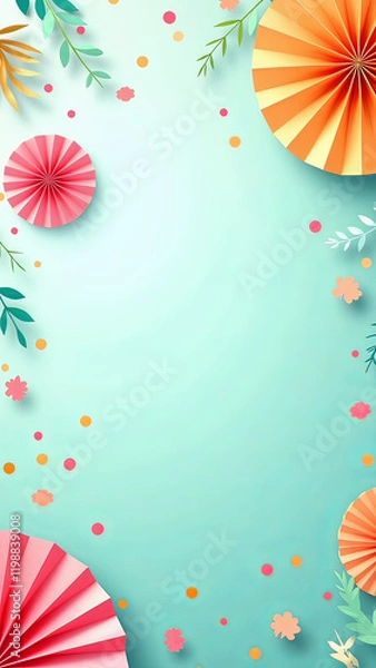Fototapeta Colorful Floral and Paper Fan Pattern Background, Festive Celebration Design