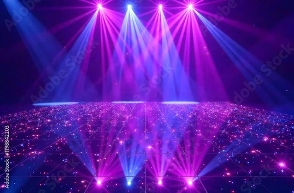 Fototapeta Illuminated Dance Floor with Spotlight Effects. A glowing dance floor covered in sparkling lights, enhanced by dramatic pink and blue spotlights creating a vibrant atmosphere.
