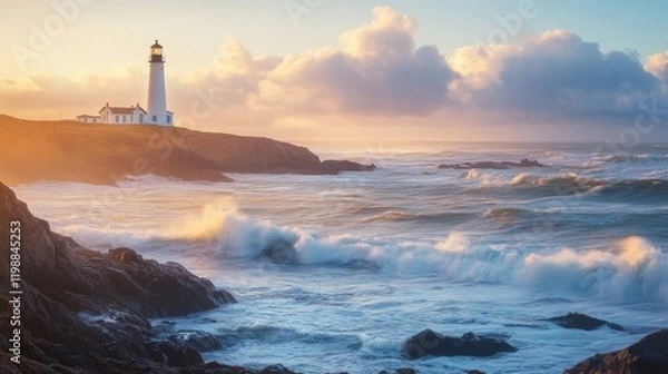 Obraz Coastal Lighthouse with Dramatic Waves at Sunset
