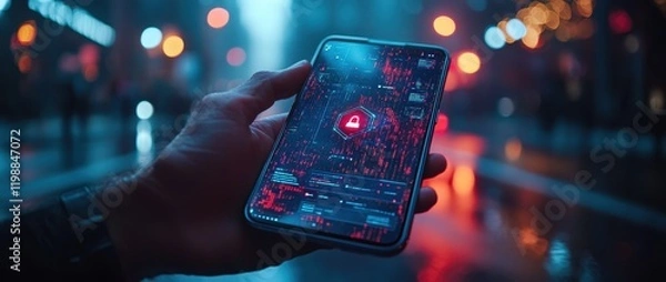 Obraz Holding a smartphone with a security dashboard displayed on the screen