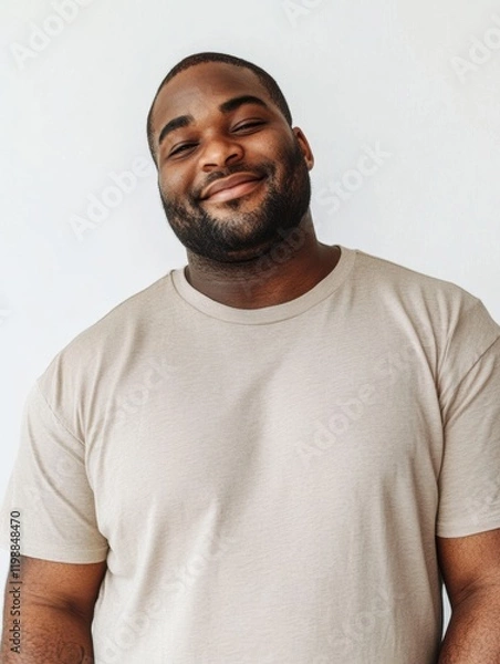 Fototapeta Portrait of a Confident Plus-Size Man Smiling on a Bright White Background