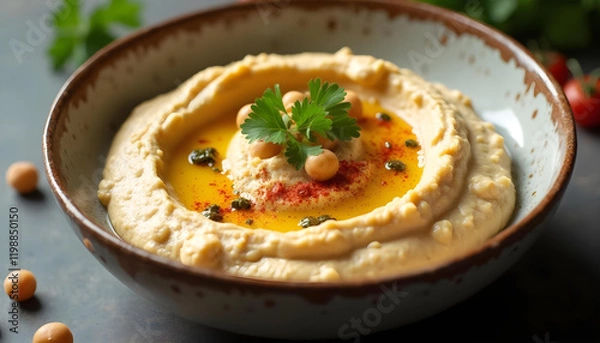 Fototapeta Creamy hummus served in rustic bowl, garnished with olive oil, spices, and herbs, evokes sense of freshness and flavor