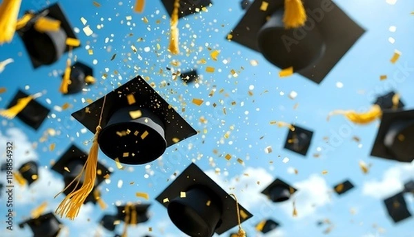 Fototapeta A celebration of success with graduation hats flying and confetti cascading, representing college and university milestones