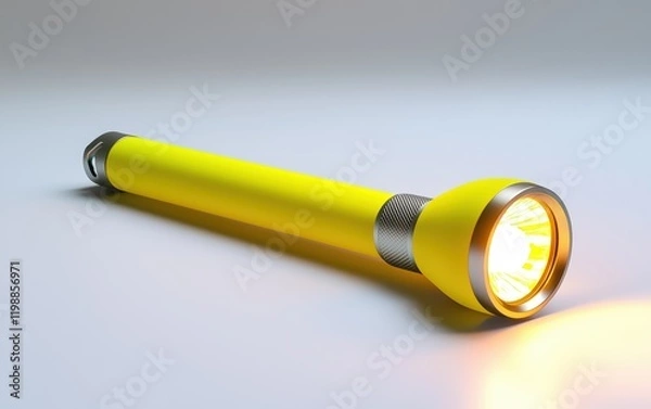 Obraz Neon yellow flashlight with glowing LED, placed on a pure white backdrop