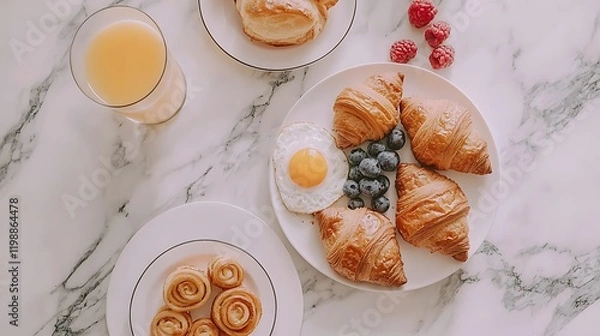 Fototapeta Delicious breakfast pastries, fried egg, berries, juice, marble table