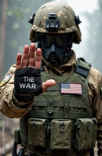 Obraz a military man in equipment, wearing a bulletproof vest, his face is not visible in a mask, raised his hand in front of him, spread his fingers, on the patch in front of him it says STOP THE WAR