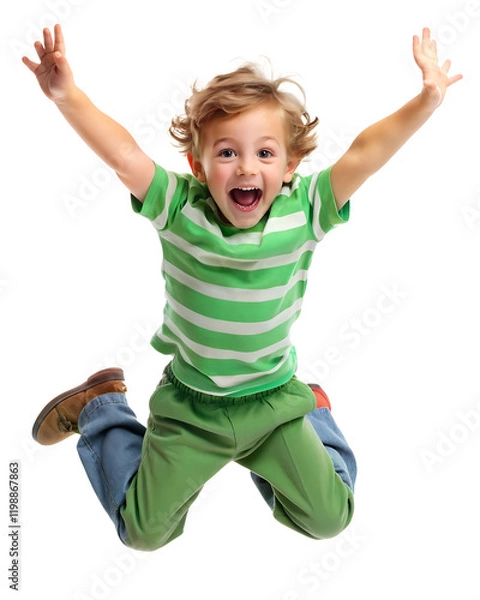 Fototapeta Little boy playing and jumping in the air with a happy smile, isolated on a transparent background. Joyful child having fun, enjoying outdoor activities.

