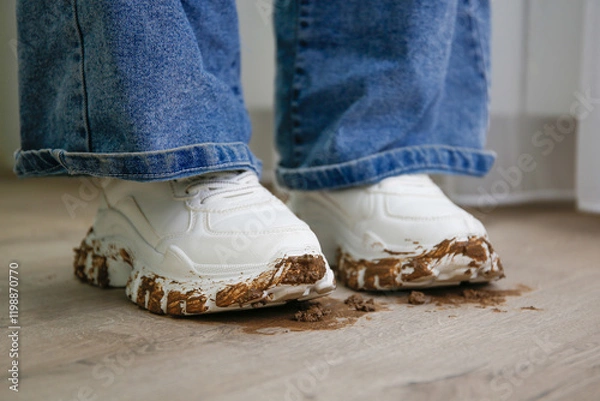 Obraz The child walks around the house in dirty shoes. Concept of child soiled laminate flooring.