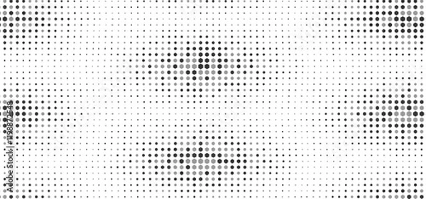 Fototapeta Halftone gradient background with grunge. Grit noise texture with faded edges. Backdrop with pixilated vectors in a retro style Decorative wallpaper with white and black sand noises.