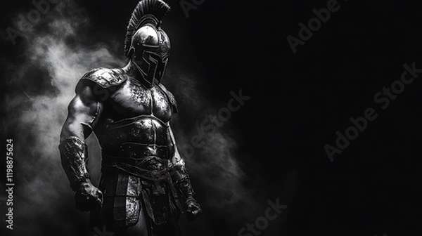 Obraz Spartan warrior in a powerful stance, black and white armor highlighted, black backdrop with thin white smoke drifting