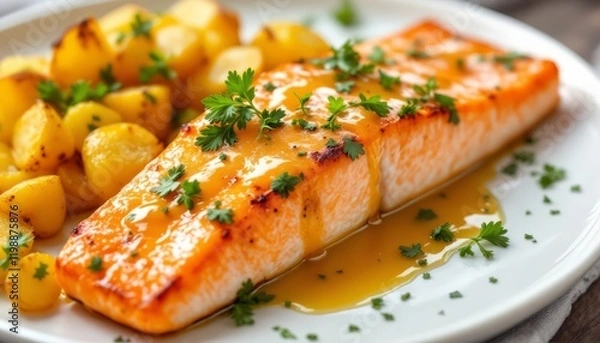Fototapeta Salmon with Lemon Sauce: A succulent salmon fillet, perfectly grilled and drizzled with tangy lemon sauce, is served with a side of golden roasted potatoes for a delightful culinary experience.  