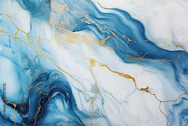 Fototapeta Blue and White Marble with Cracked Gold Accents, Perfect for Elegant Design Themes