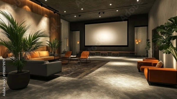 Fototapeta Business event space ready for a conference, featuring a large screen, sleek decor, and a welcoming atmosphere.