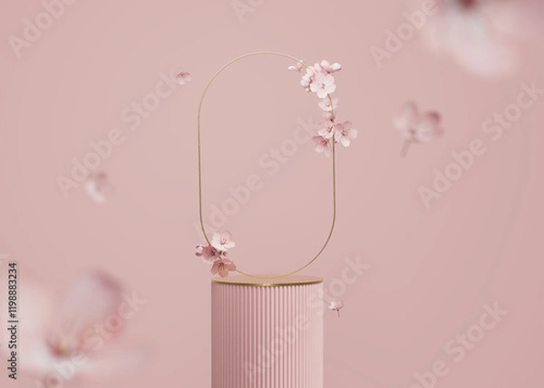 Fototapeta 3D background, pink podium display. Sakura pink flower falling. Cosmetic or beauty product promotion step floral, pastel pedestal. Abstract minimal 3D render copy space spring, valentine mockup.	
