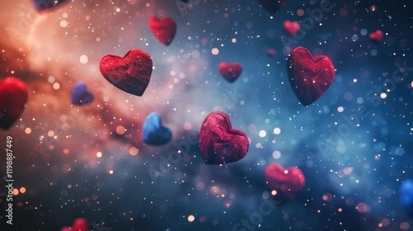 Fototapeta Red and blue hearts floating in cosmic dust and nebulae with soft lighting