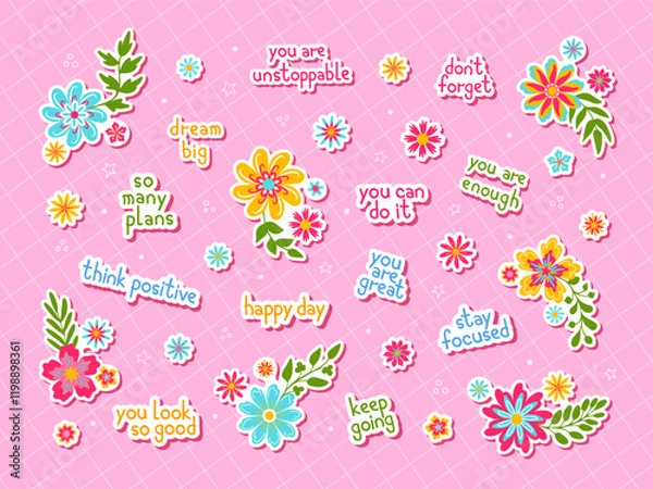 Obraz Flower cartoon stickers in retro colors with inspirational sayings. For diary, planner, surfaces etc