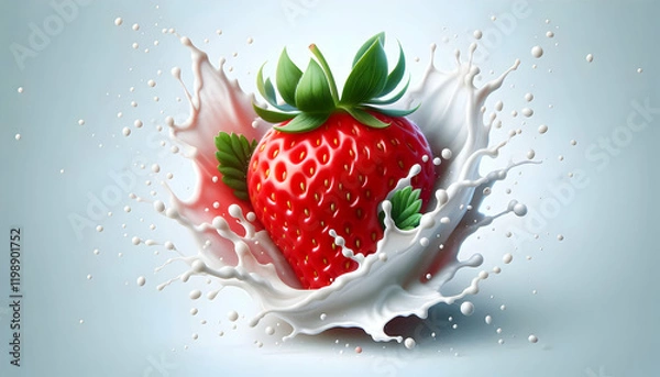 Fototapeta Fruit A red strawberry with green leaves in the midst of a white milk splash The milk appears to be in mot2