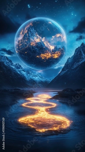 Fototapeta A surreal landscape featuring a glowing river and an enchanting celestial mountain.