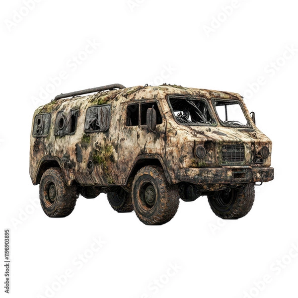 Fototapeta Abandoned Military Van: A weathered, camouflage-painted military van, showing signs of abandonment and decay, sits against a clean background. The vehicle displays signs of age and neglect.