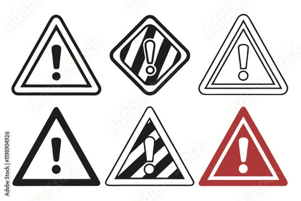 Fototapeta Warning signs, triangular icons, exclamation marks, caution symbols, danger alerts, black and white, yellow and red, attention graphics, safety emblems, hazard indicators, simple shapes, bold colors, 