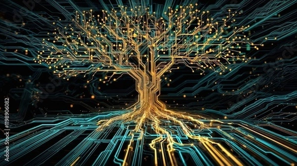 Obraz A futuristic glowing tree composed of digital lines and golden nodes. A conceptual blend of nature and technology