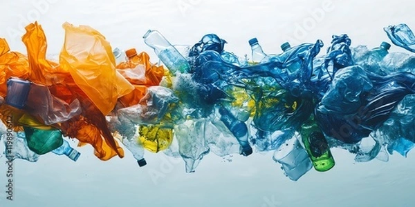 Fototapeta Underwater plastic pollution bottles, bags, and debris swirling in ocean currents.