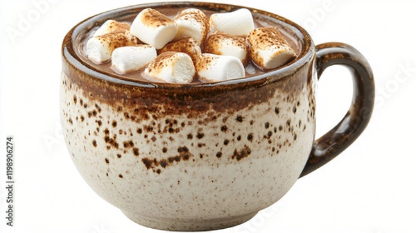 Fototapeta A hot cocoa with a blend of dark and milk chocolate, topped with toasted marshmallows and a touch of cinnamon, served in a rustic ceramic mug.