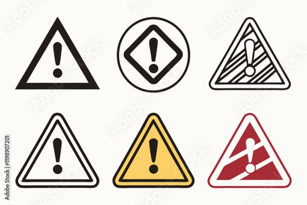 Fototapeta Warning signs, triangular icons, exclamation marks, caution symbols, danger alerts, black and white, yellow and red, attention graphics, safety emblems, hazard indicators, simple shapes, bold colors, 