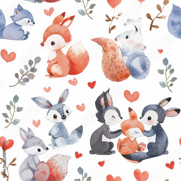 Obraz Playful watercolor pattern of cute animal couples with hearts
