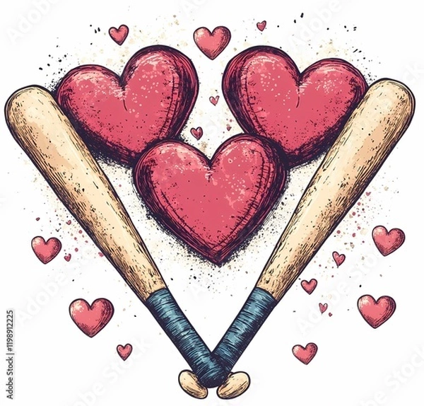 Fototapeta Heart-shaped design with baseball bats creating a playful and romantic theme in a colorful illustration