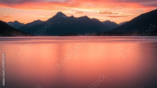 Fototapeta Serene sunrise over misty lake with majestic mountain range in the background, a breathtaking landscape photograph,