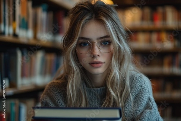 Fototapeta A woman with glasses sits and reads a book, possibly in a study or library