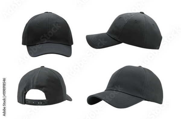 Fototapeta Black baseball cap mockup collection isolated on a transparent background, with front, side, and back views
