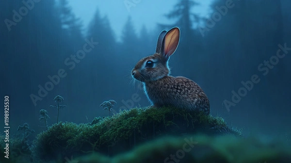 Fototapeta Rabbit sitting on a mossy hill in a dark forest during rainfall with a misty blue atmosphere. Wildlife photography. Nature and tranquility concept for design and print.