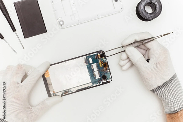 Obraz Mobile phone repairing process, flat lay, top view