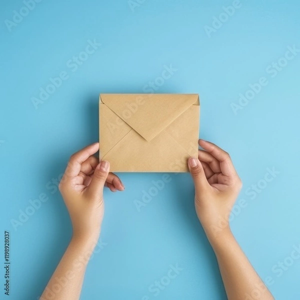 Fototapeta "Two hands holding envelope on blue background, conveying message or invitation"
