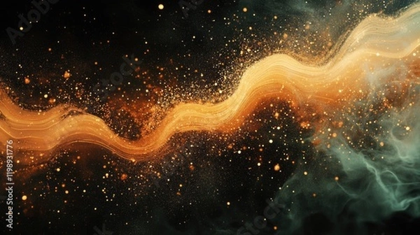 Fototapeta Abstract golden wave with sparkling particles and smoke on a dark background Copy Space