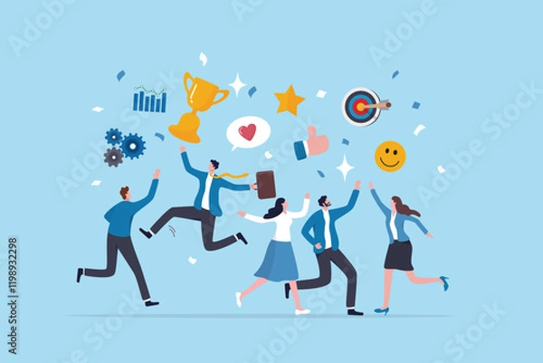 Fototapeta Employee engagement, work satisfaction or happiness, company commitment or employee appreciation, wellbeing or inclusive concept, happy business people employees jump with work engagement elements.
