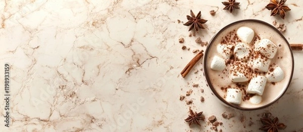 Fototapeta Hot chocolate with marshmallows and spices on a marble background with Copy Space for text.
