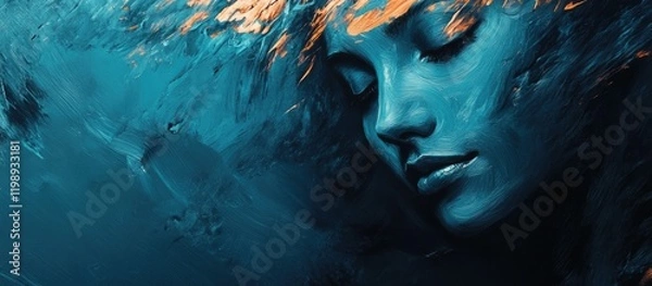 Fototapeta Blue underwater portrait of a serene woman with flowing hair designed with abstract artistic strokes and Copy Space for text placement.
