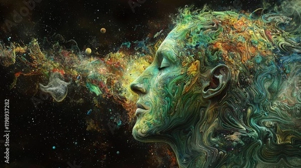Fototapeta Abstract Cosmic Portrait Serene Face Emerging from Vibrant Nebula Swirling Paint Textures