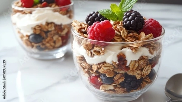 Fototapeta Layered dessert with granola, yogurt, mixed berries, and mint leaves in glass jars on a marble surface with Copy Space