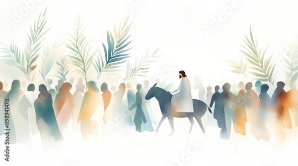 Fototapeta Palm sunday illustration: jesus on donkey with crowd and palm leaves in soft watercolor style