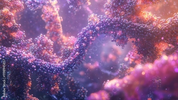 Fototapeta Abstract Colorful DNA Strand Microscopic Cellular Structure Glowing Particle Background